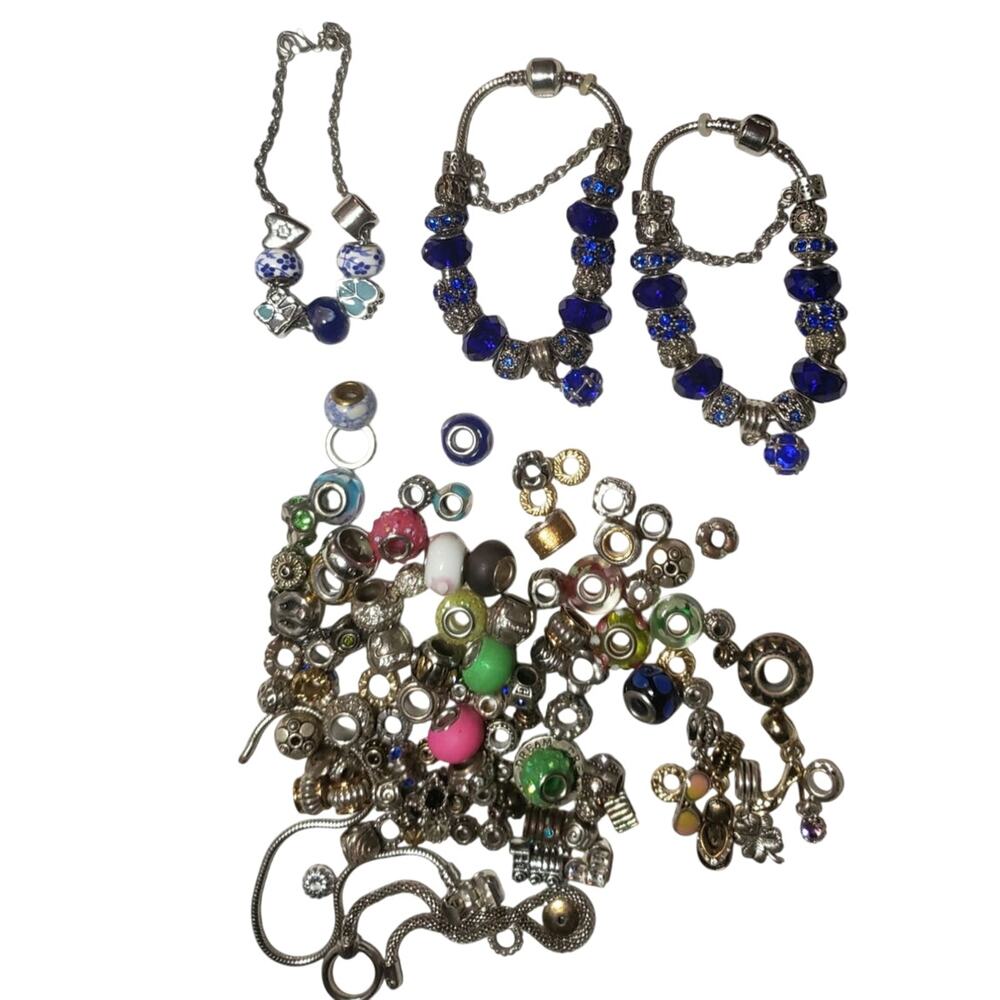 HUGE 147pc Charms & Bracelets Bundle Murano Glass Pandora Style Dangle Beads